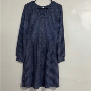 Women's Blue Ribbed Crochet Lace V Neck Button Front Midi Dress Size L Nwot